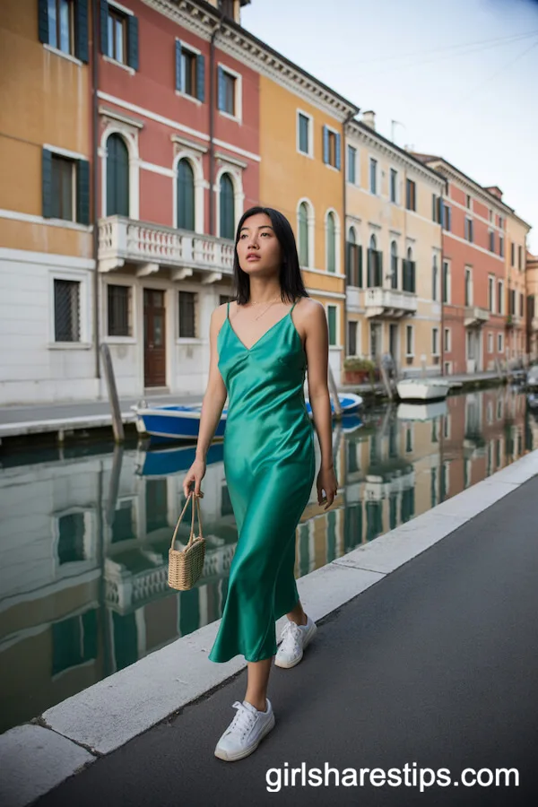 Emerald Green Satin Slip Dress with White Sneakers