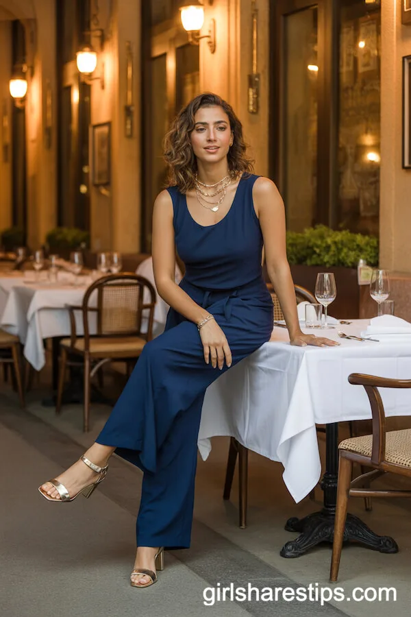 Navy Blue Sleeveless Jumpsuit with Layered Gold Necklaces