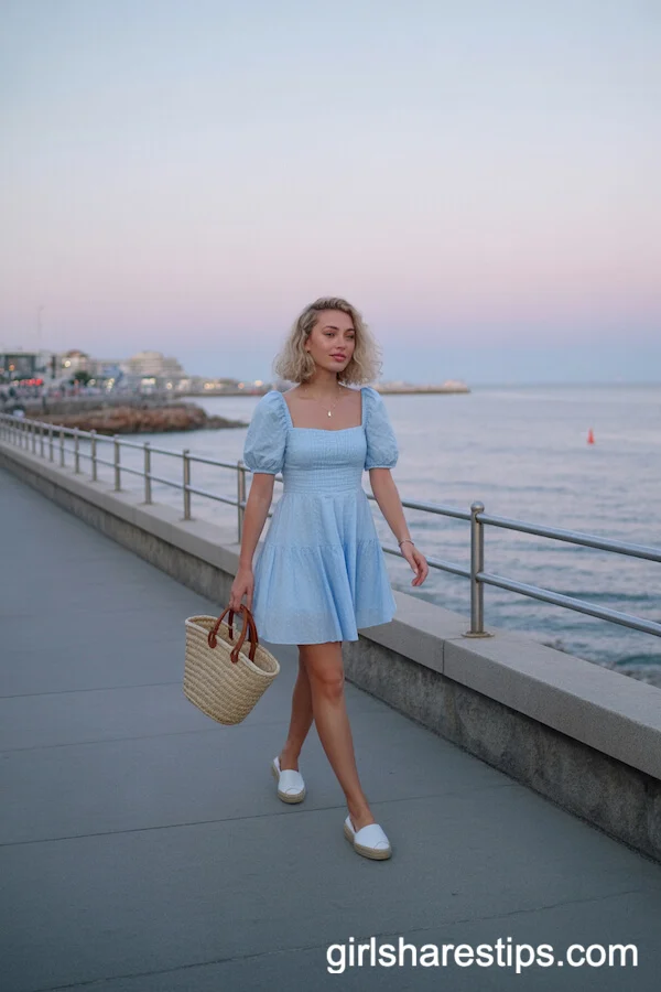 Pale Blue Puff Sleeve Mini Dress with White Espadrilles