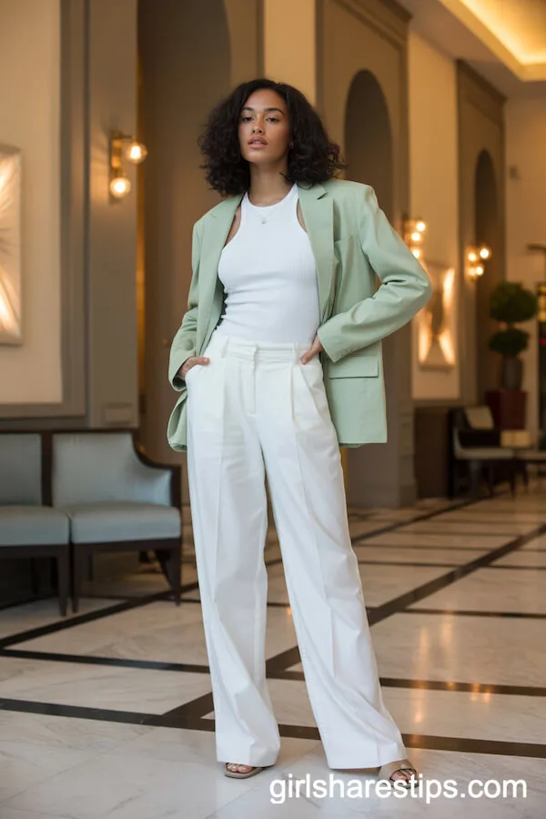 Crisp White Wide-Leg Trousers and Pastel Blazer