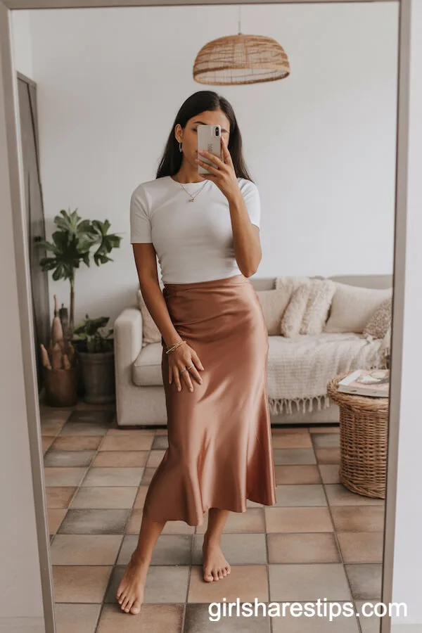 Bronze Satin Midi Skirt with Fitted White Tee