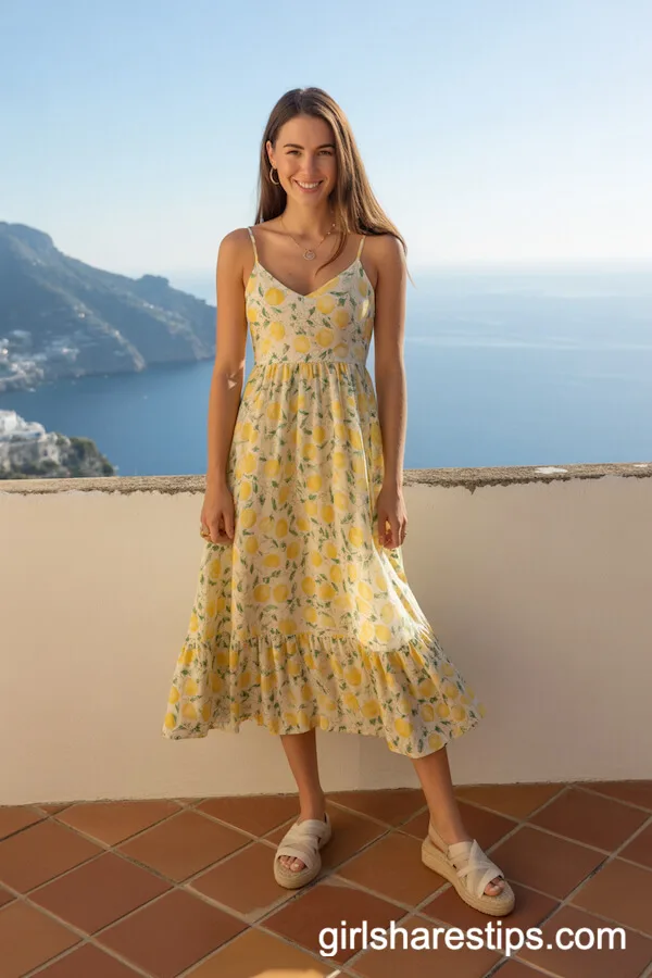 Lemon-Printed Linen Sundress with Espadrille Sandals