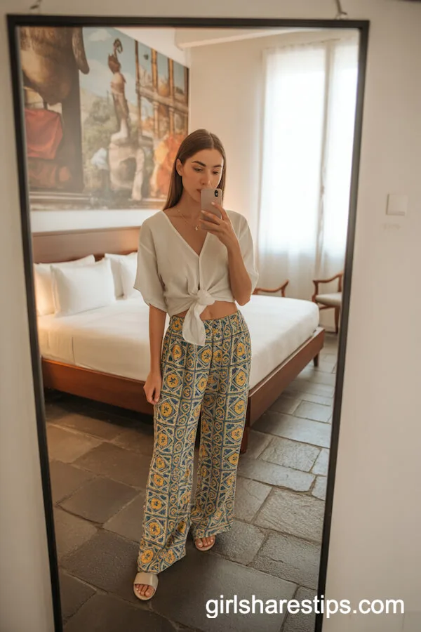 Tile-Pattern Palazzo Pants with Linen Crop Top
