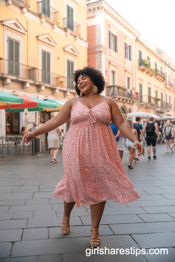 Coral Ruffled Sicilian Tile-Print Sundress