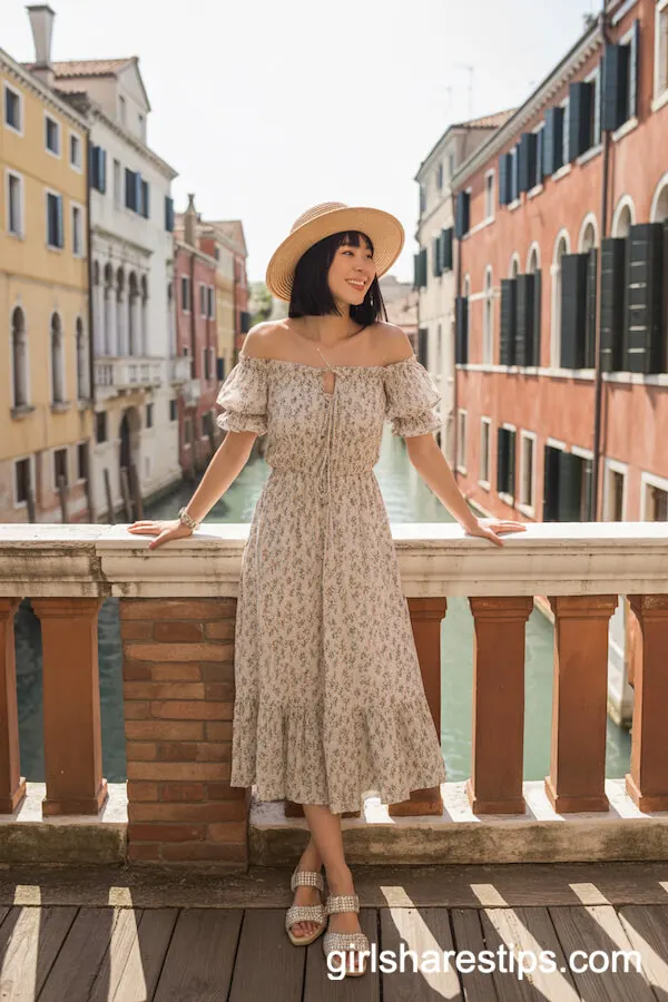 Bohemian Off-the-Shoulder Floral Midi Dress and Straw Hat