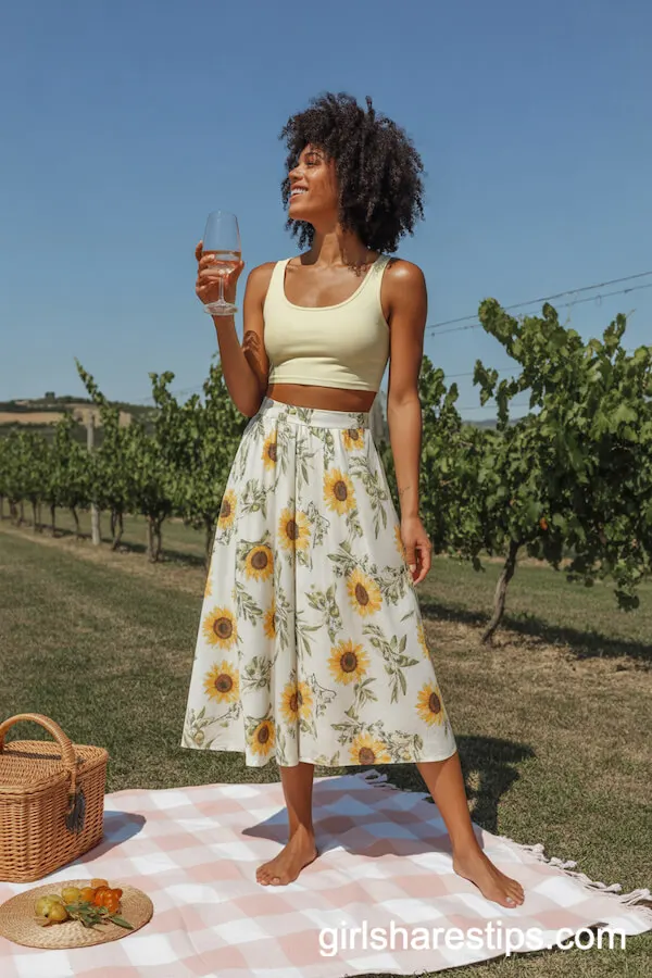 Sunflower and Olive Print Crop Top and Midi Skirt