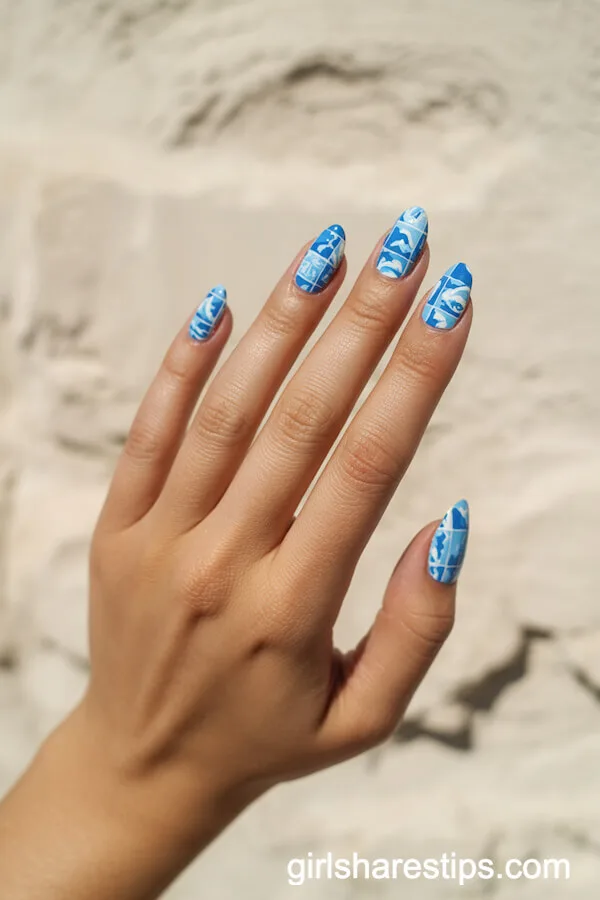 Amalfi Coast Tile-Inspired Blue & White Nails