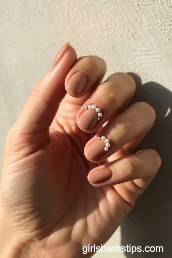 Glossy Nude Nails with Mini Pearl 3D Embellishments