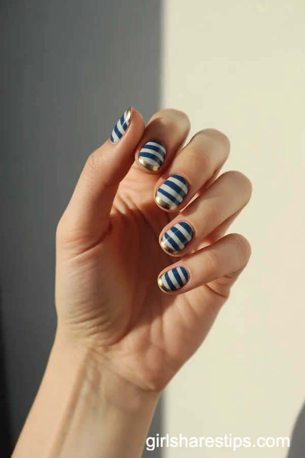 Riviera-Inspired Navy and White Stripe Nails