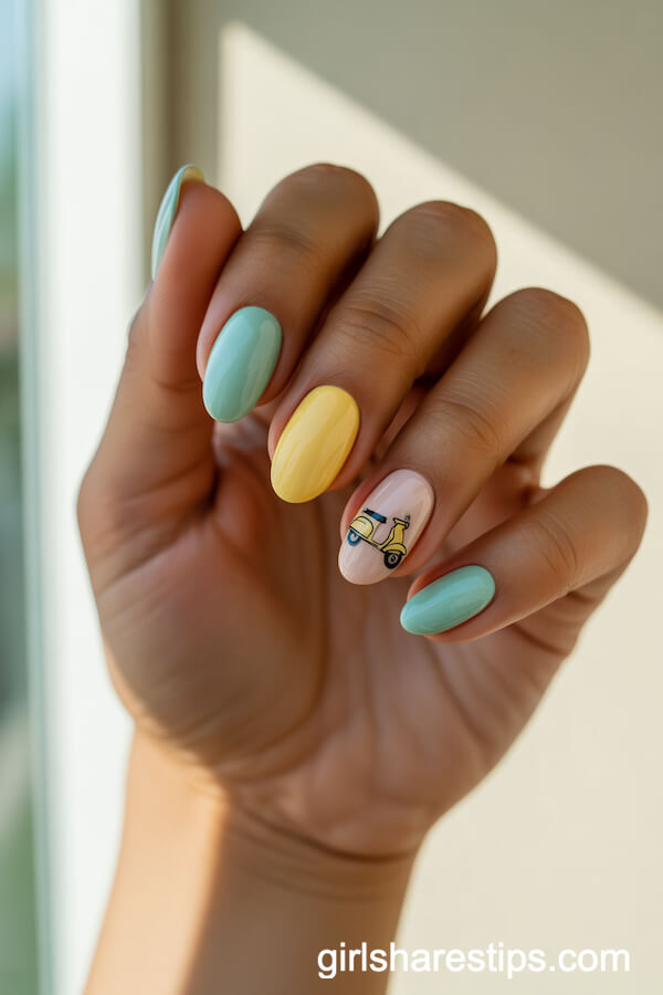 Pastel Mint & Yellow Nails with Vespa Accent Art
