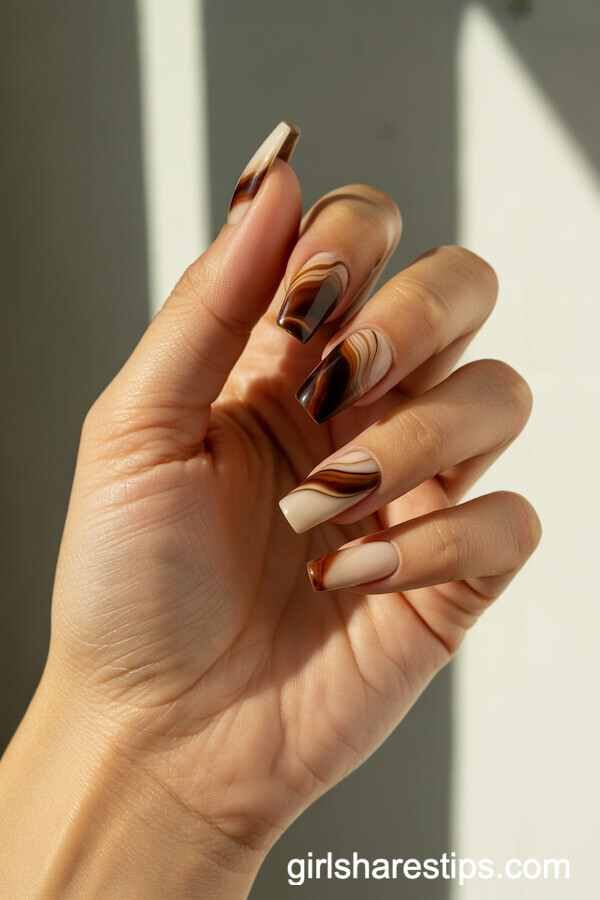 Espresso Marble Effect Coffin Nails
