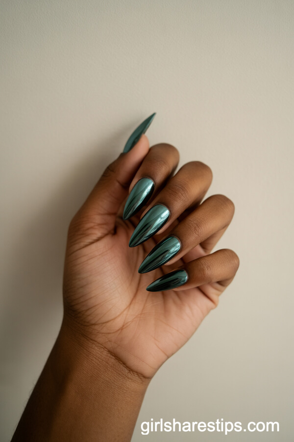 Metallic Chrome Stiletto Nails in Deep Italian Green