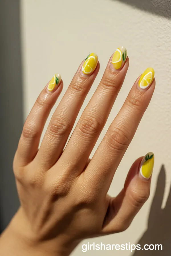 Hand-Painted Lemon Nails with Fresh Green Accents