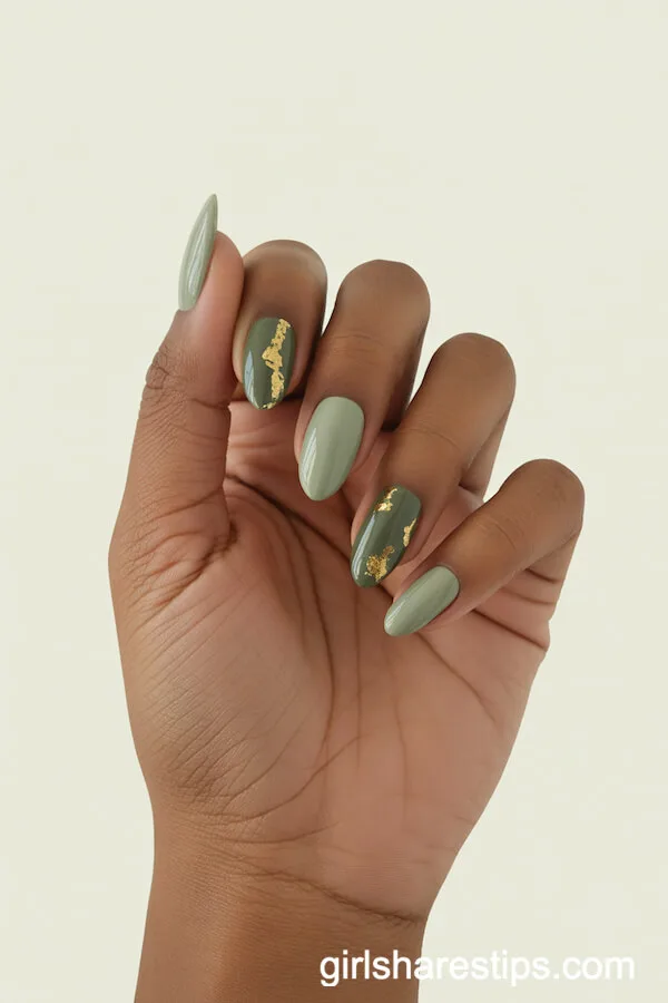 Sage Olive Green Almond Nails with Gold Foil Touches