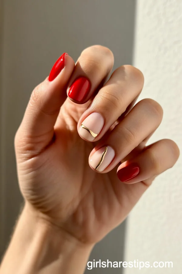 Regal Rome Red Nails with Minimalist Gold Accents