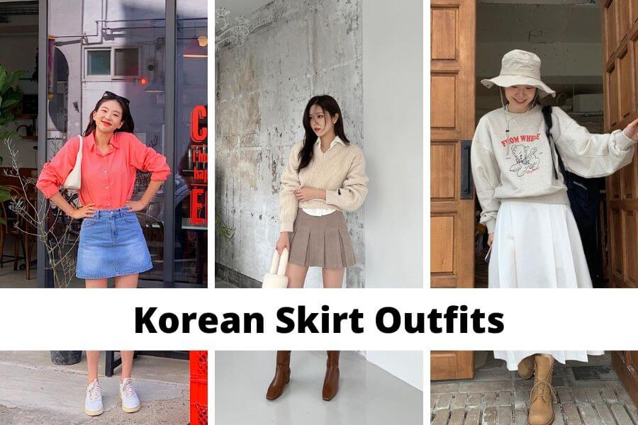 collage of Korean skirt outfits