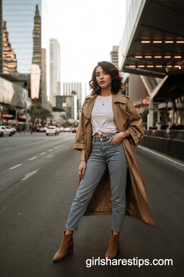 Jeans, White Tee & Camel Trench Coat