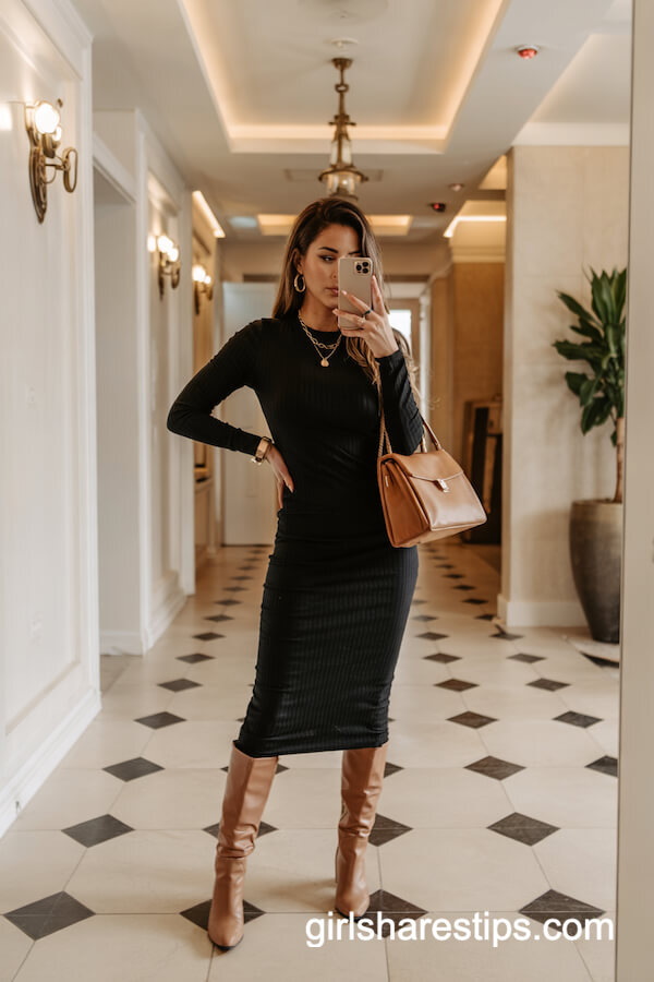 Black Midi Dress & Tan Knee-High Boots