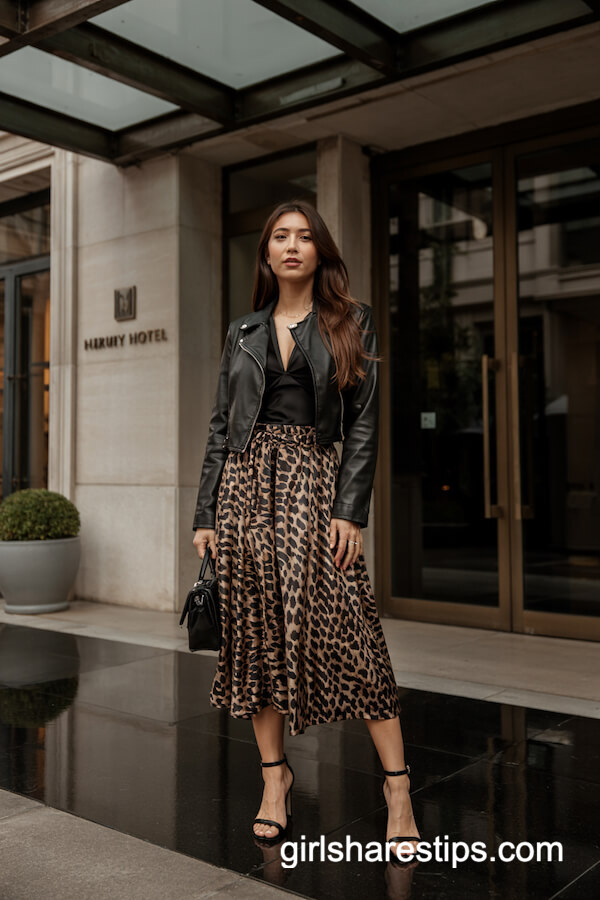 Leopard Midi Skirt & Leather Jacket