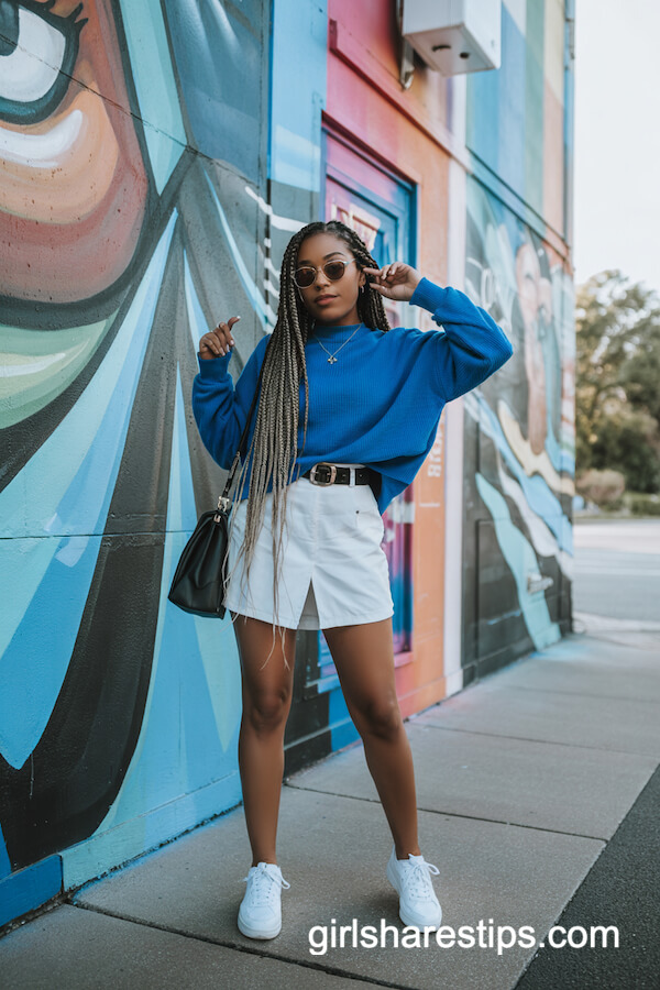 Cobalt Sweater & White Mini Skirt