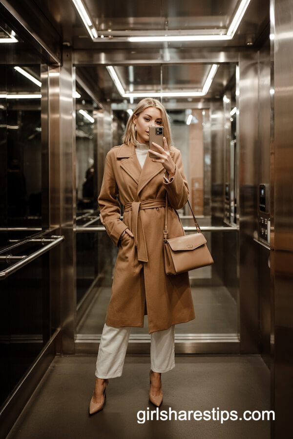 Camel Wrap Coat & White Trousers