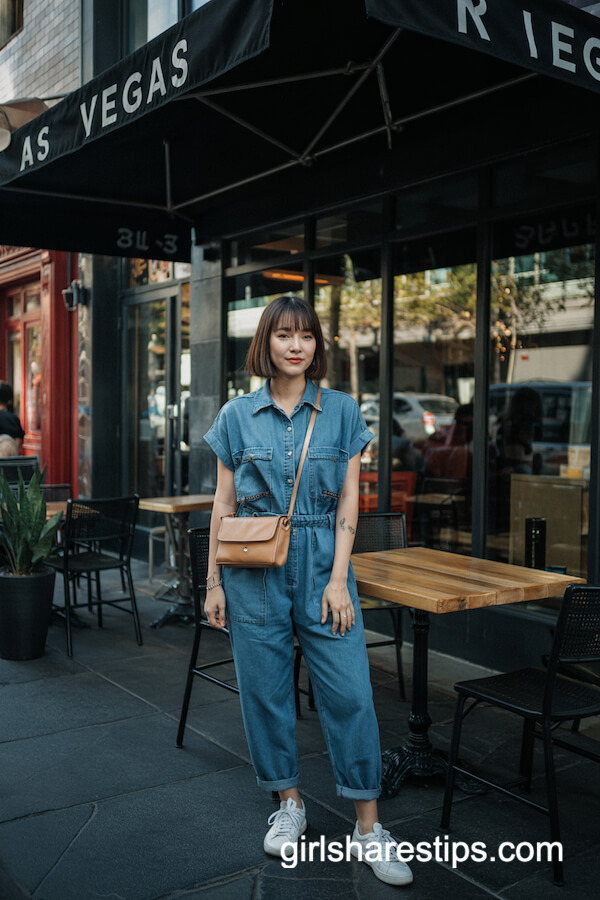 Denim Jumpsuit & White Sneakers