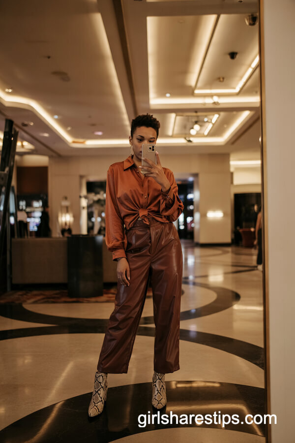 Faux Leather Pants & Rust Blouse