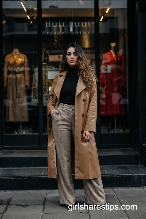 Camel Trench Coat & Plaid Pants