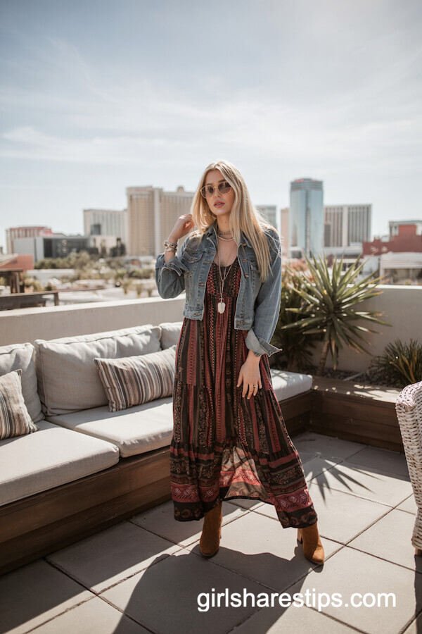 Boho Maxi Dress Denim Jacket