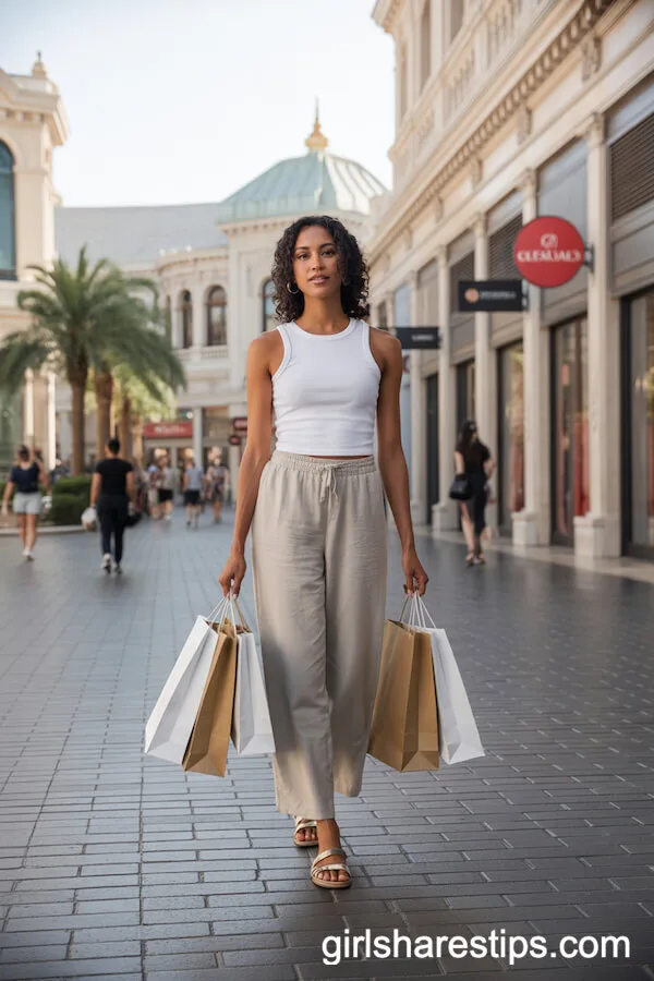 White Tank and Linen Pants with Flat Sandals