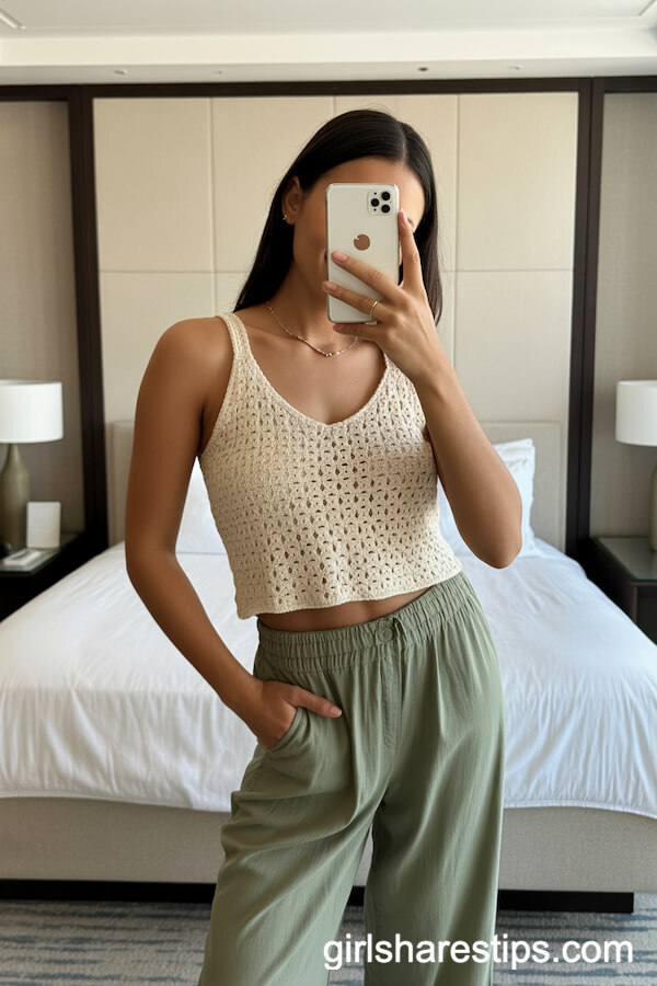 Cream Crochet Tank Top with Olive Wide-Leg Pants