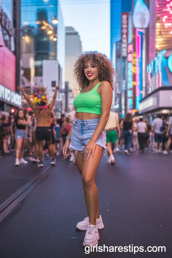 Neon Crop Top with High-Waisted Distressed Shorts and Chunky Sneakers