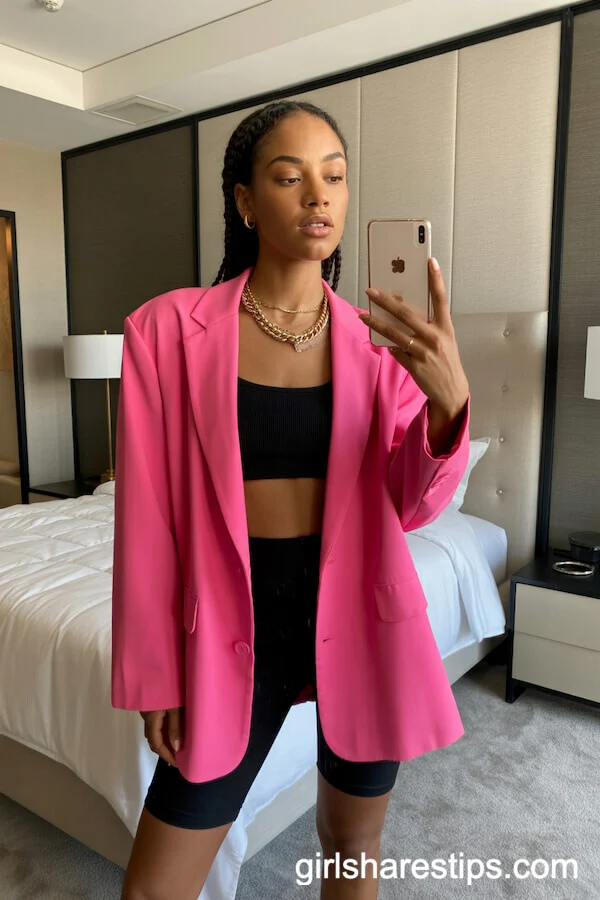 Hot Pink Oversized Blazer with Bike Shorts and Crop Top