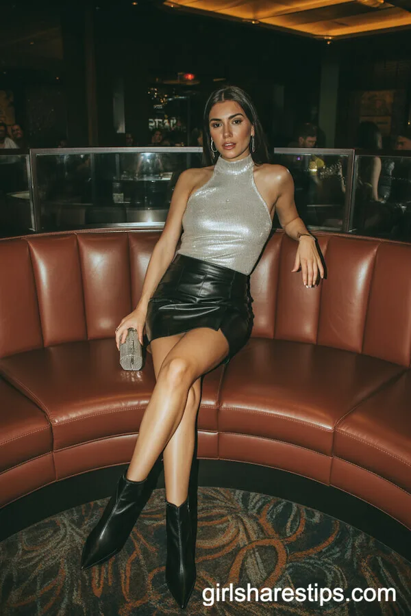 Silver Sequin Halter Top with Black Leather Mini Skirt and Ankle Boots