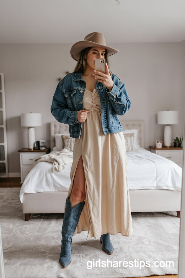 Cream Maxi Dress & Denim Boots