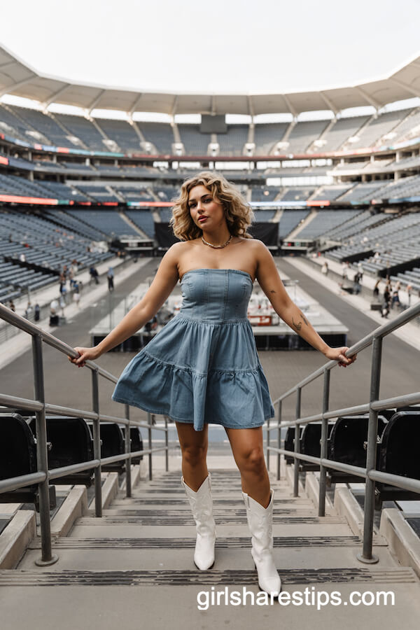 Tiered Denim Dress & White Boots