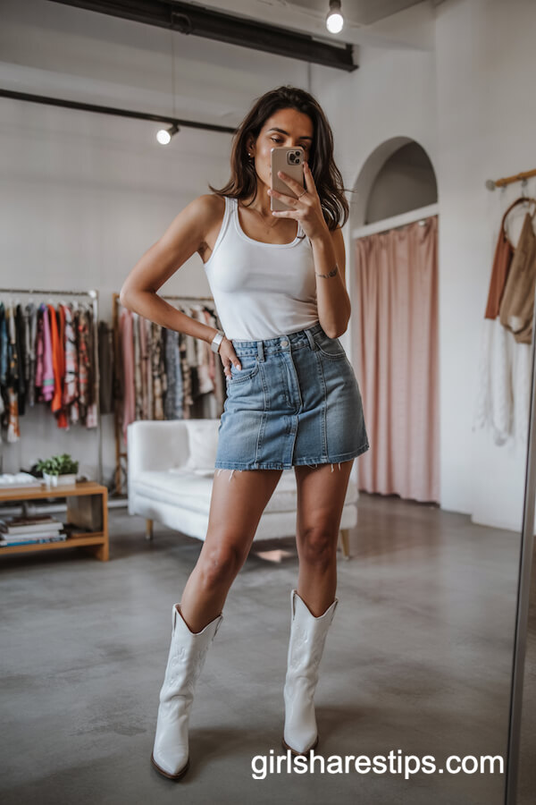 White Tank & Denim Mini Skirt