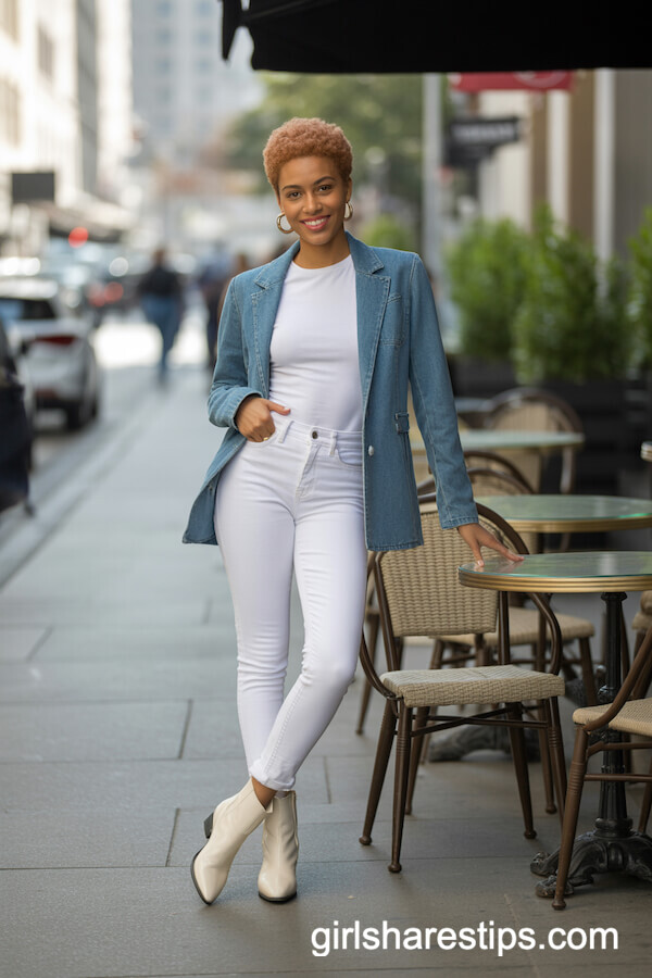 Denim Blazer with White Jeans
