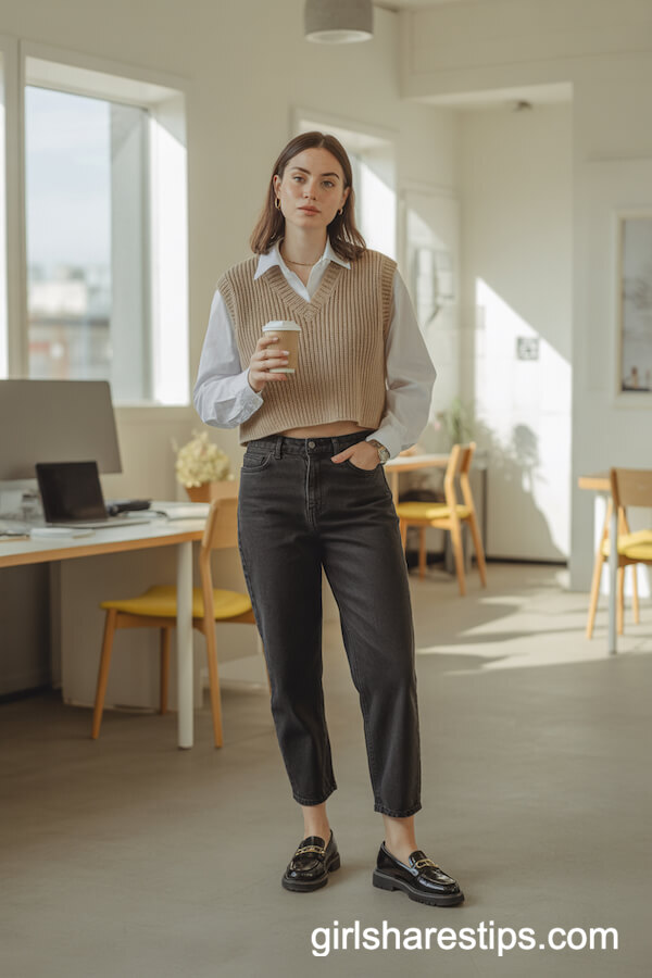 Cropped Beige Vest with Black Jeans