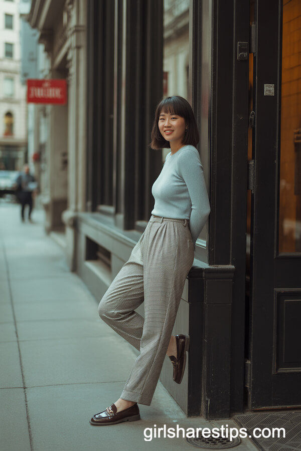 Checked Trousers with Light Blue Knit Top