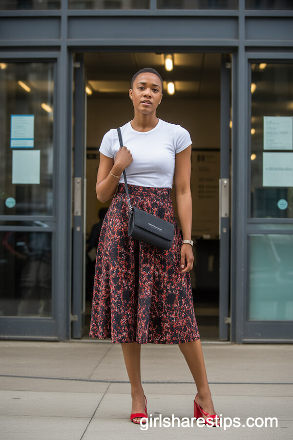 Patterned Midi Skirt with White Tee