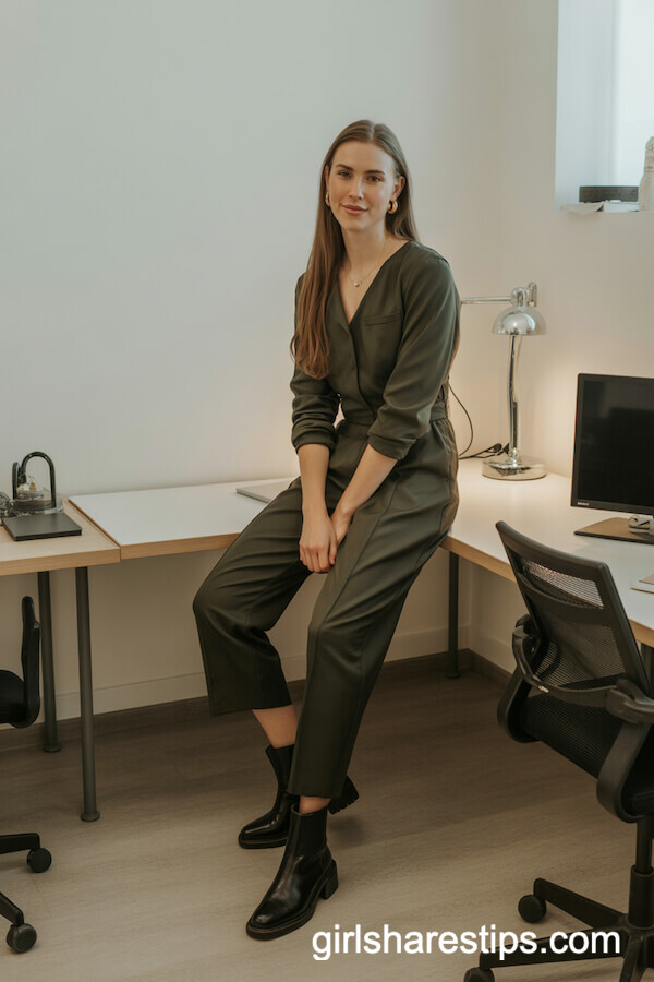 Dark Green Jumpsuit with Ankle Boots