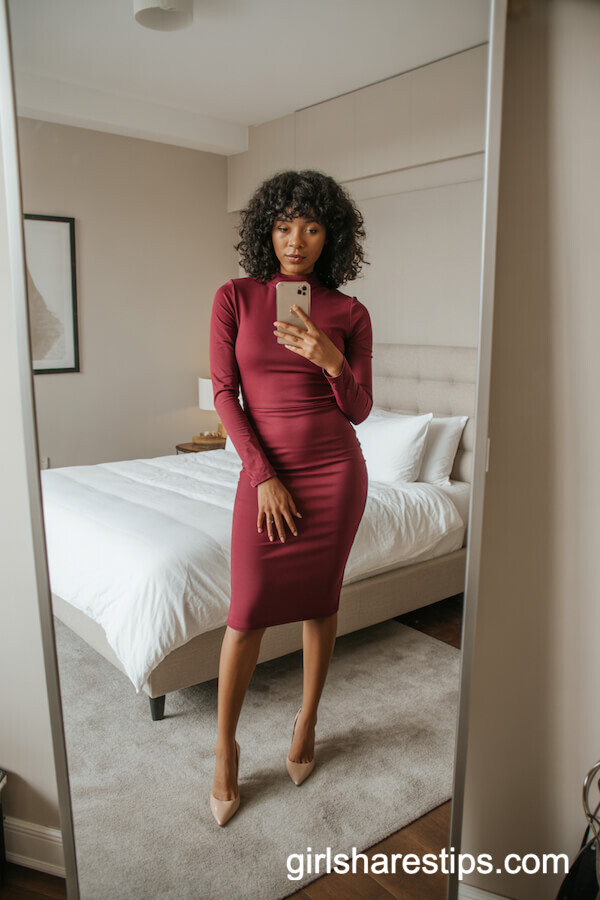Fitted Burgundy Pencil Dress with Heels