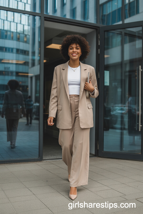 Beige Tailored Blazer with Wide-Leg Trousers