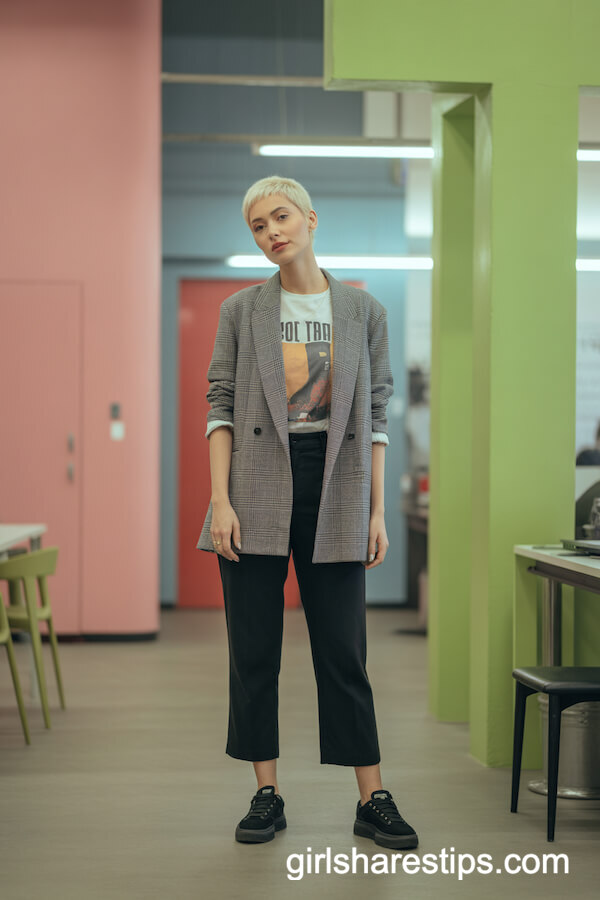 Graphic Tee with Plaid Blazer