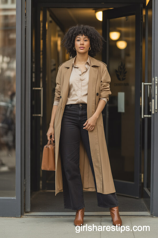 Tan Trench Coat with Wide-Leg Pants