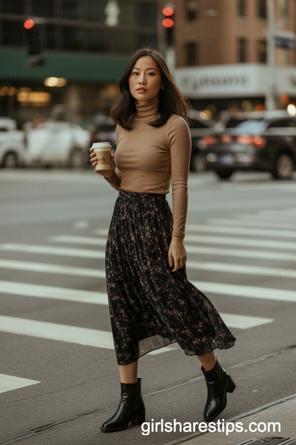 Fitted Camel Turtleneck with Floral Midi Skirt