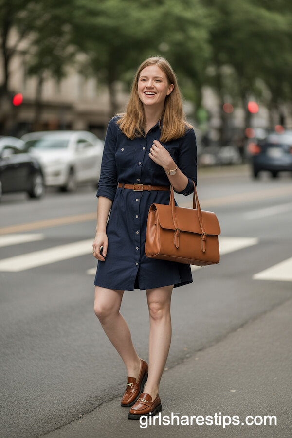 Belted Navy Shirt Dress with Loafers