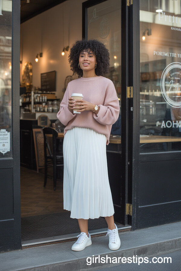 Blush Pink Sweater with White Pleated Skirt