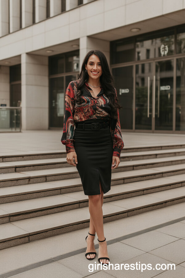 Bold-Print Blouse with Pencil Skirt
